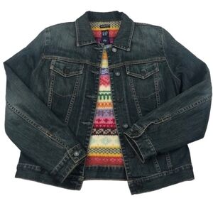 Gap Stretch Jean Jacket Fair Isle Wool Sweater Lining S